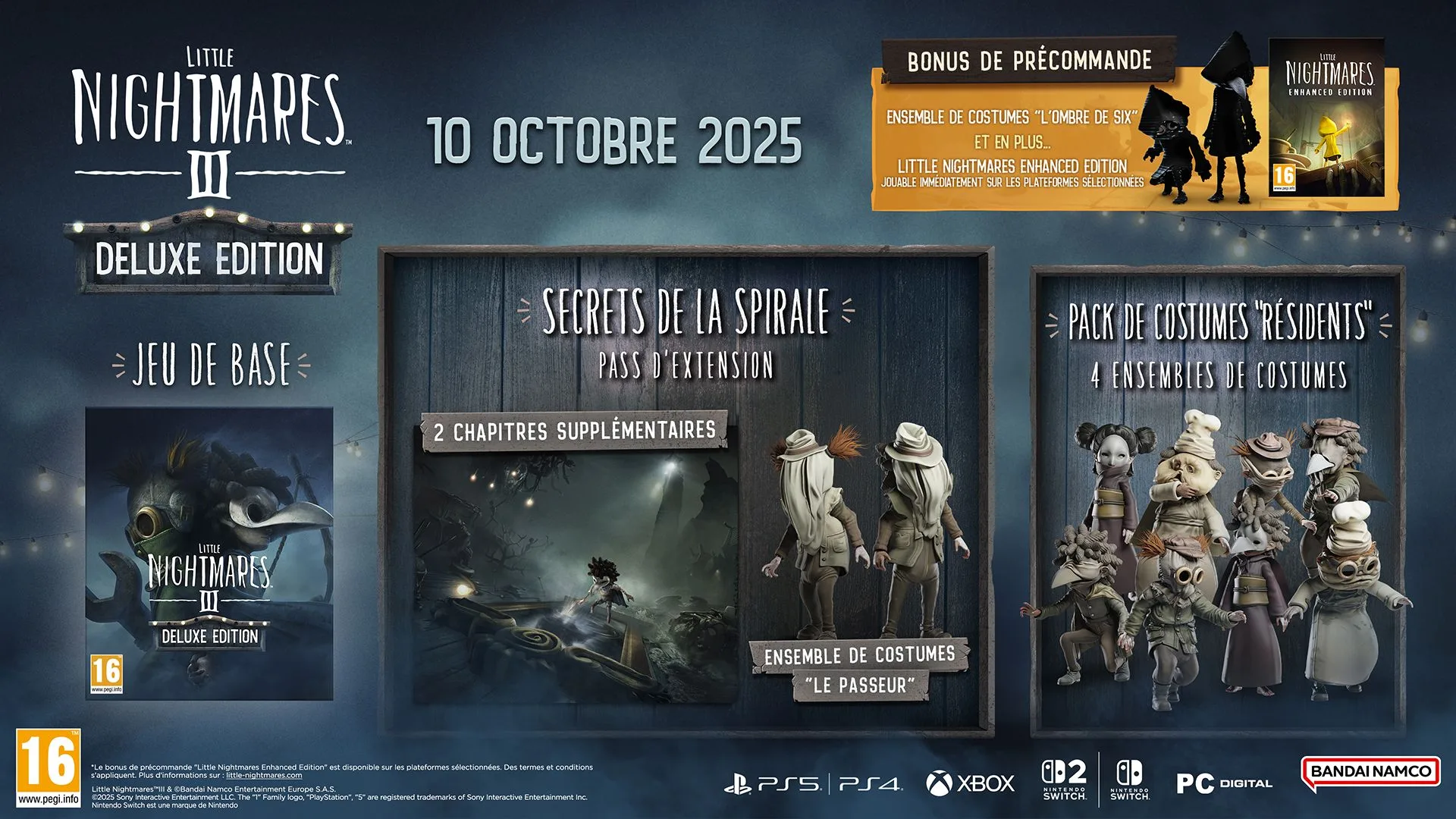 Contenu de l'édition Deluxe de Little Nightmares III avec pass d'extension Secrets de la Spirale et costumes Résidents