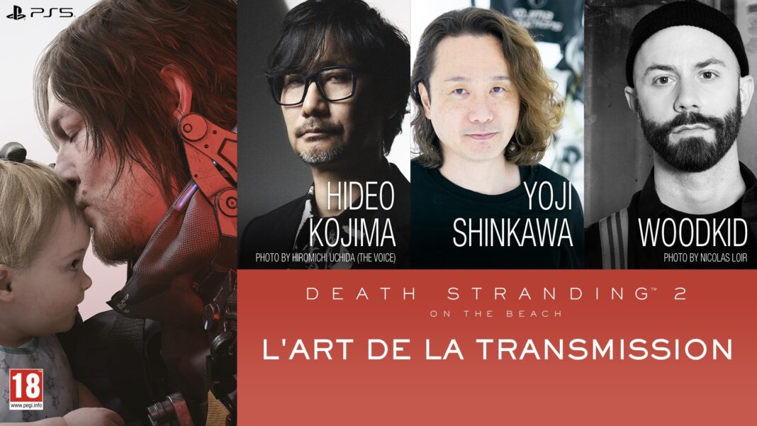 Illustration promotionnelle de Death Stranding 2 On the Beach avec Hideo Kojima, Yoji Shinkawa et Woodkid à Paris