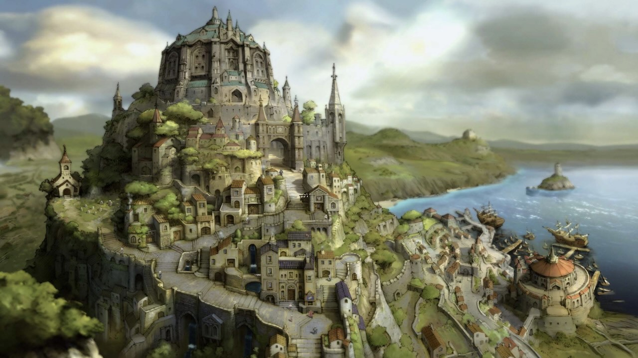 Illustration HD de la ville dans Bravely Default Flying Fairy Remaster sur Switch 2