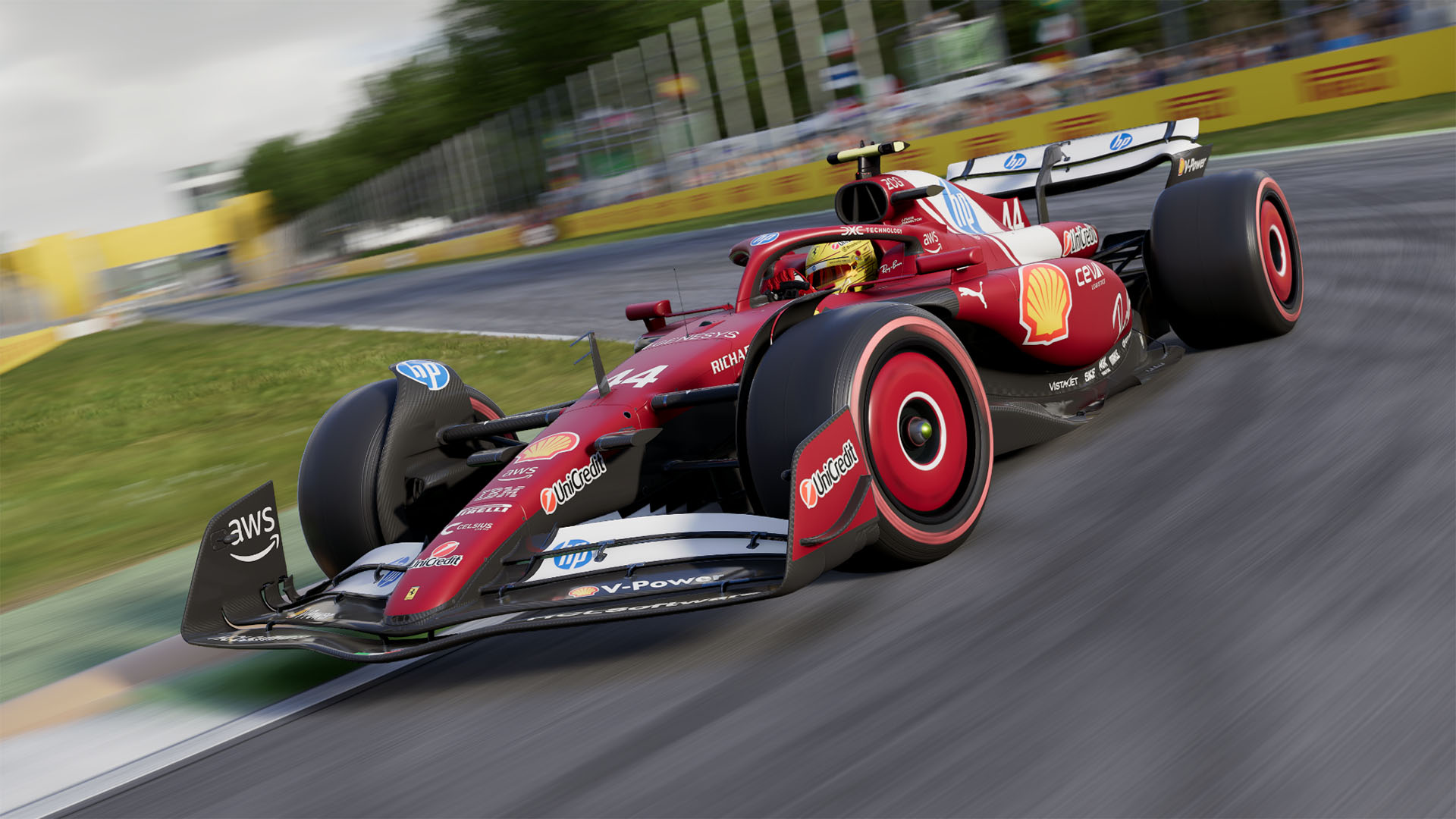 Monoplace Ferrari sur circuit dans F1 25 avec livrée officielle et effets de vitesse