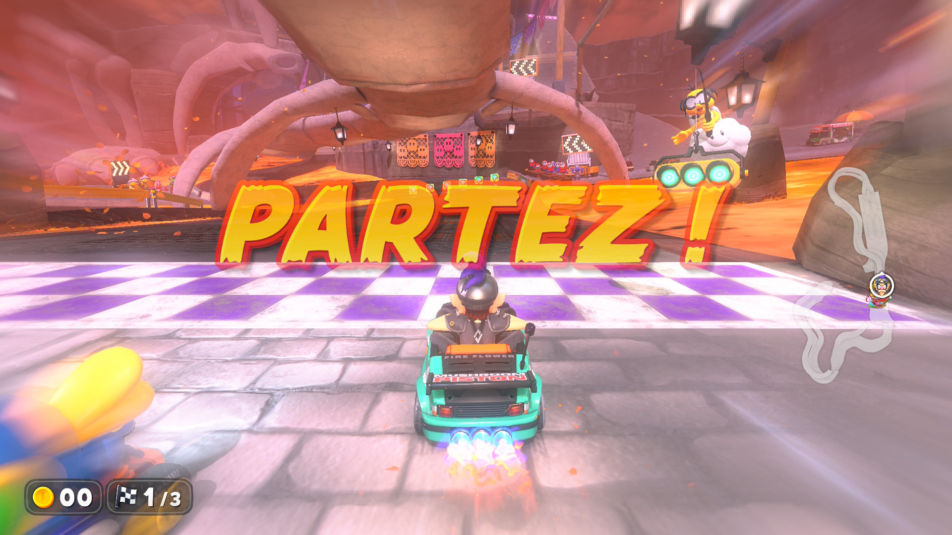 Départ d'une course dans Mario Kart World avec signal visuel Partez