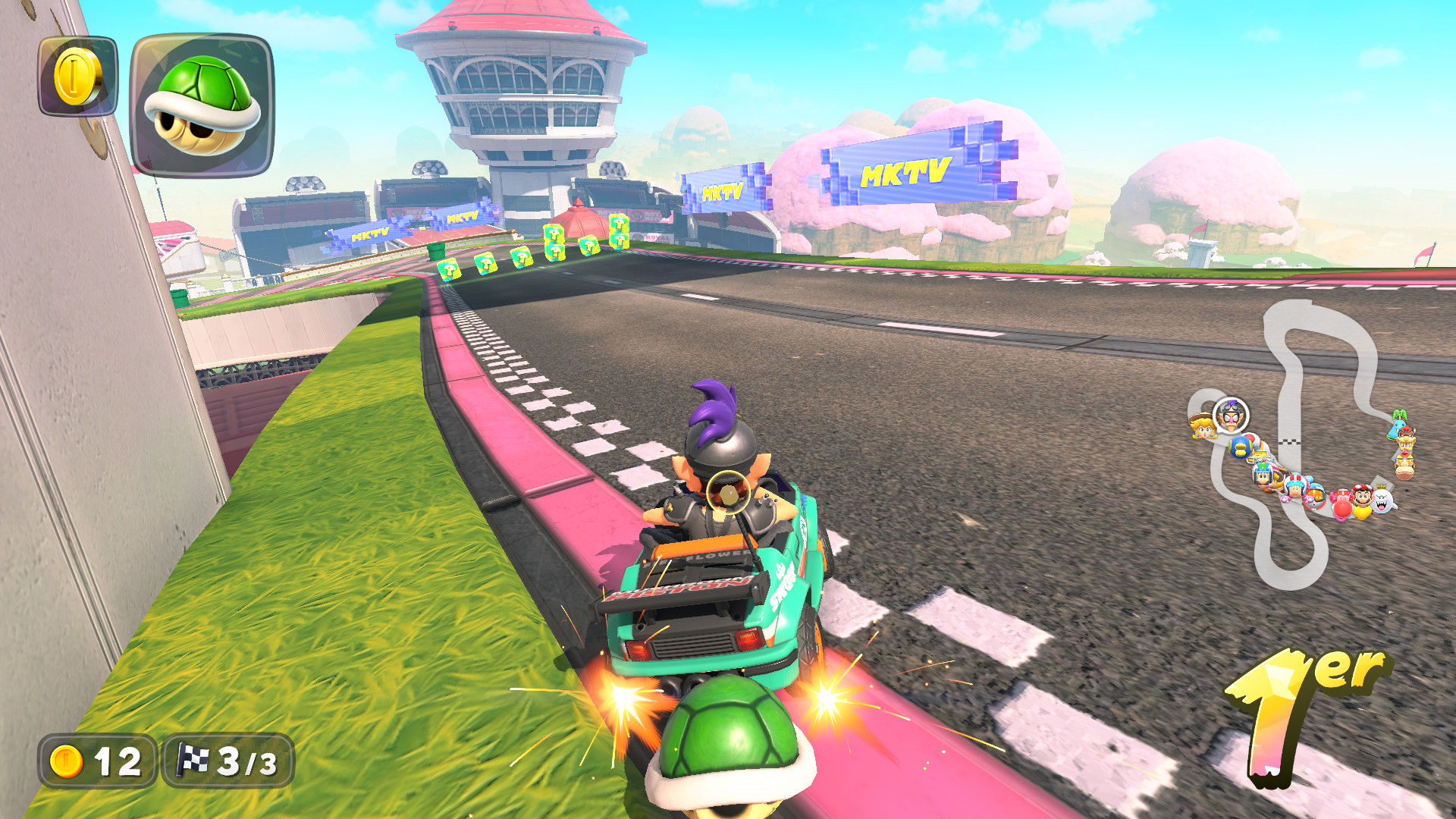 Kart équipé d'une carapace verte pendant une course dans Mario Kart World