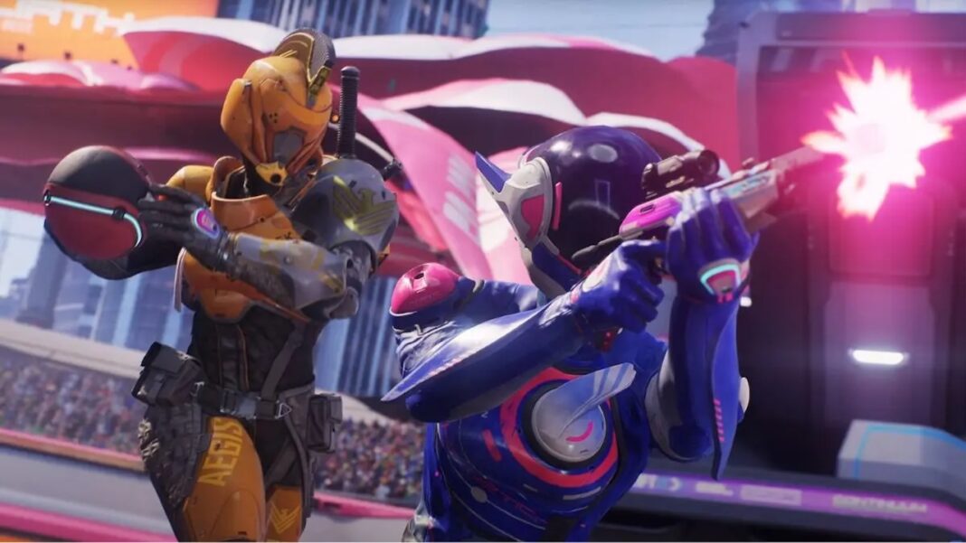 Scène d'action dans Splitgate 2 Battle Royale avec des joueurs en plein combat
