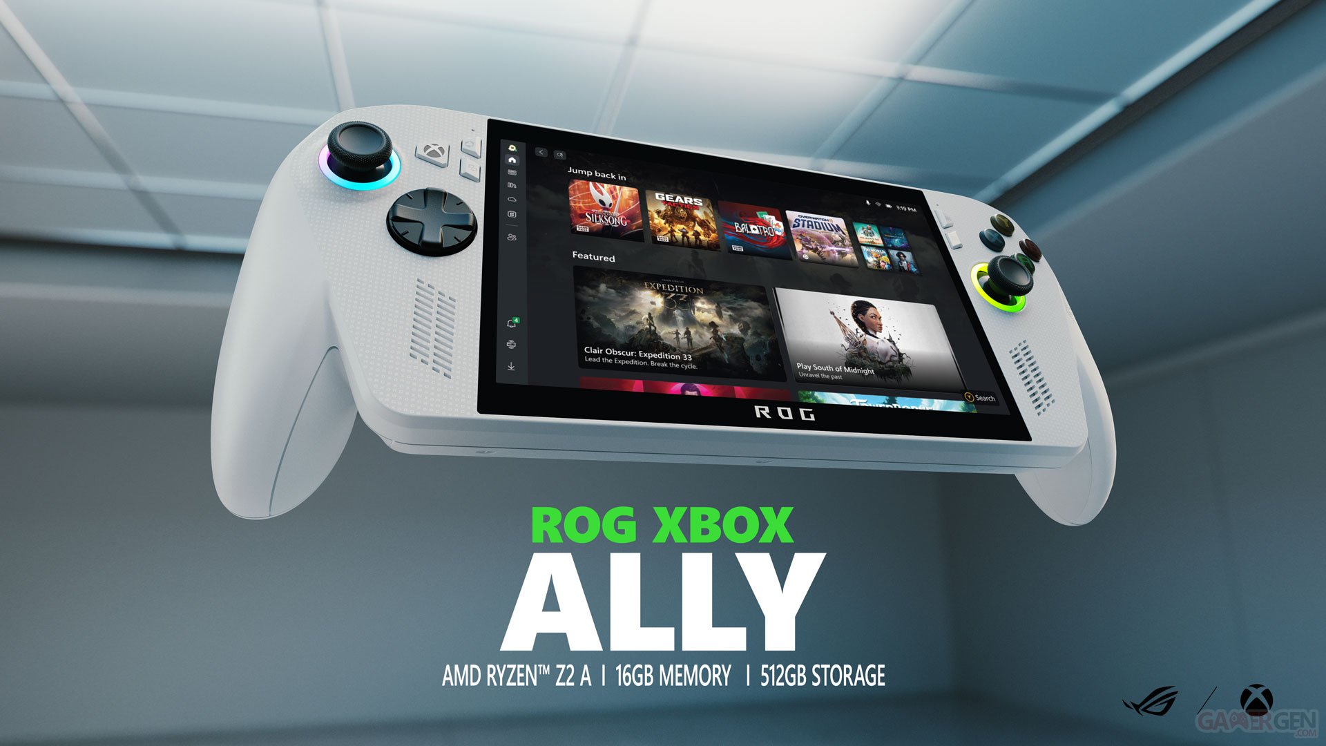 Visuel officiel de la console portable ROG Xbox Ally avec fiche technique