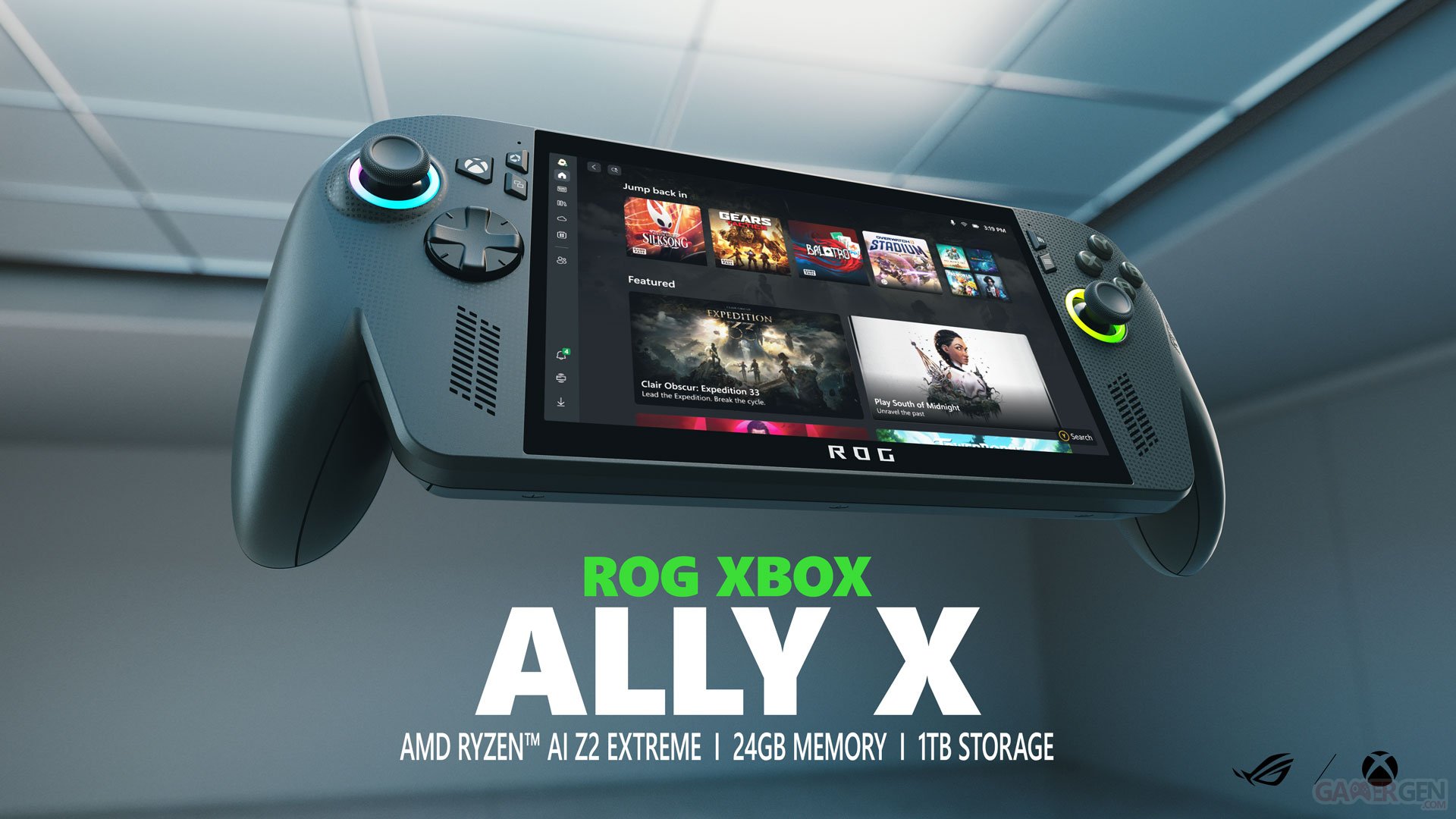 Visuel officiel de la console portable ROG Xbox Ally X avec fiche technique