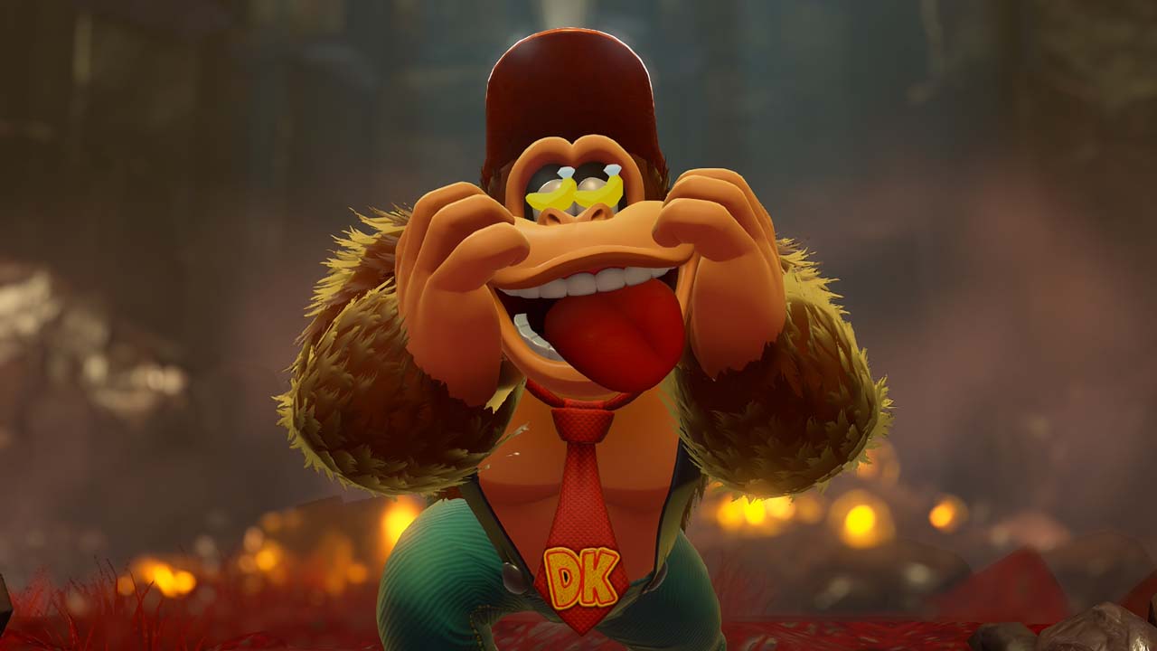 Donkey Kong Bananza grimace humoristique en gros plan pendant une cinématique