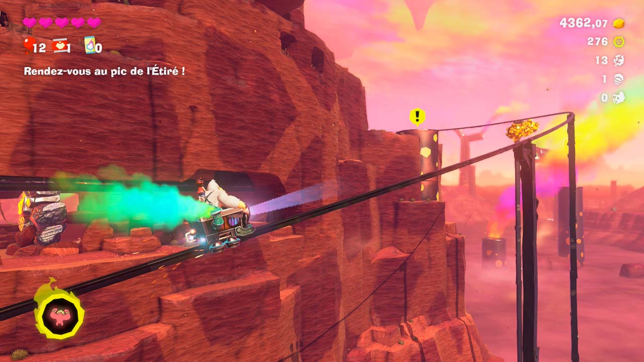 Gameplay Donkey Kong Bananza - phase de rail en chariot dans un canyon coloré