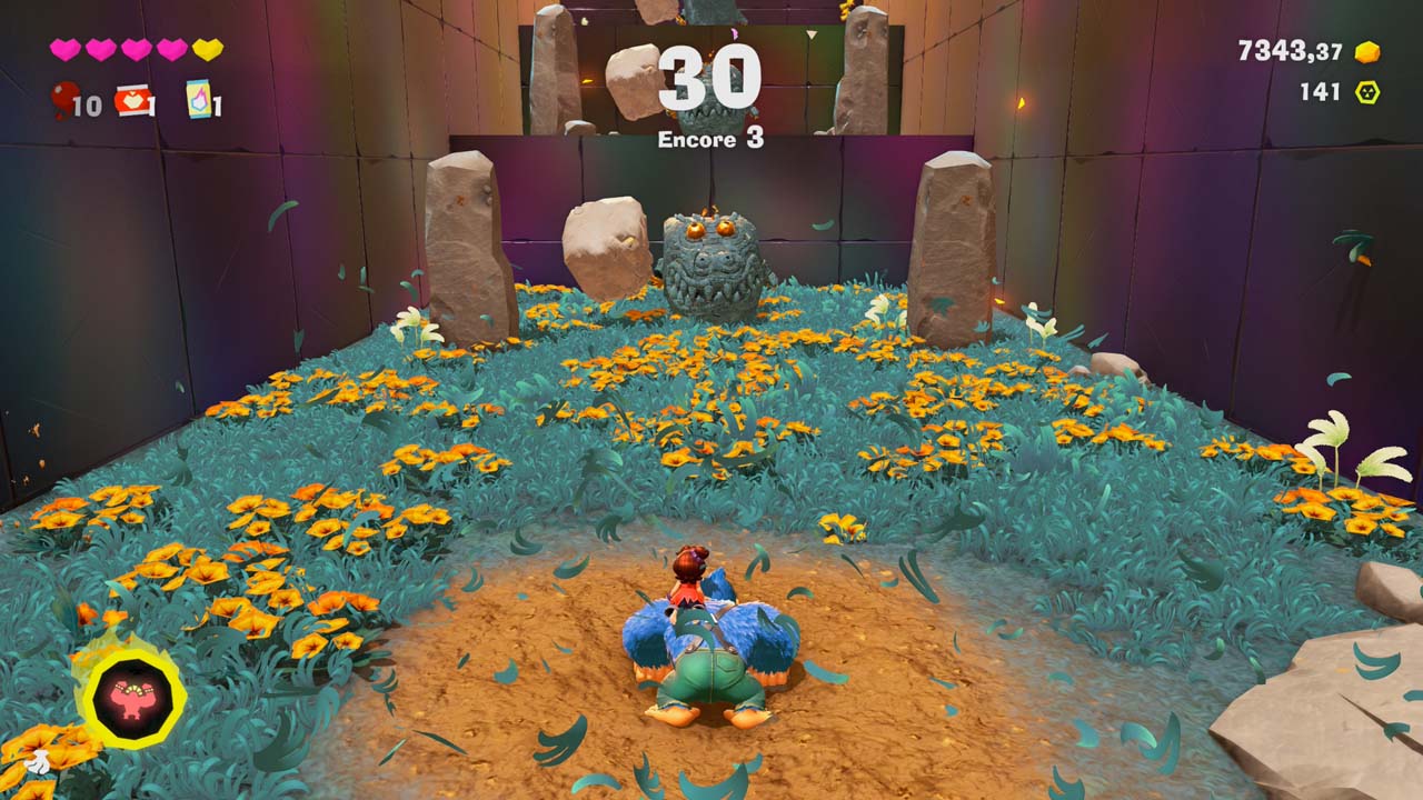 Donkey Kong Bananza - combat de boss dans une arène fleurie chronométrée