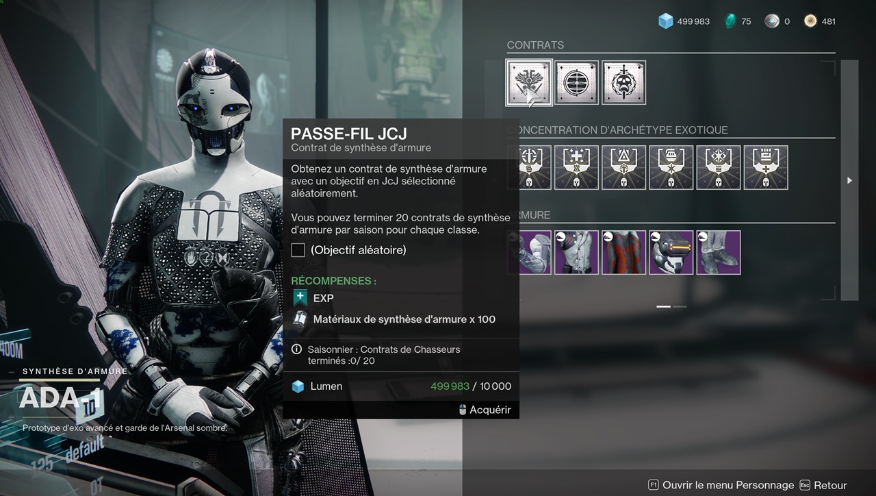 Interface des contrats de synthèse d’armure avec Ada-1 dans Destiny 2