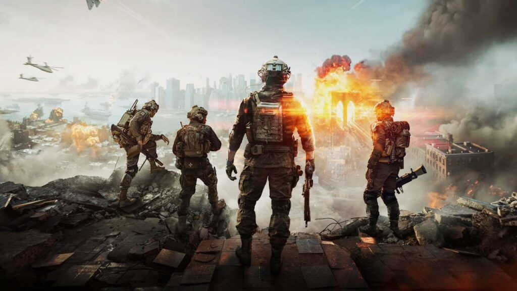 Soldats en armure futuriste observant un champ de bataille en ruines dans Battlefield 6
