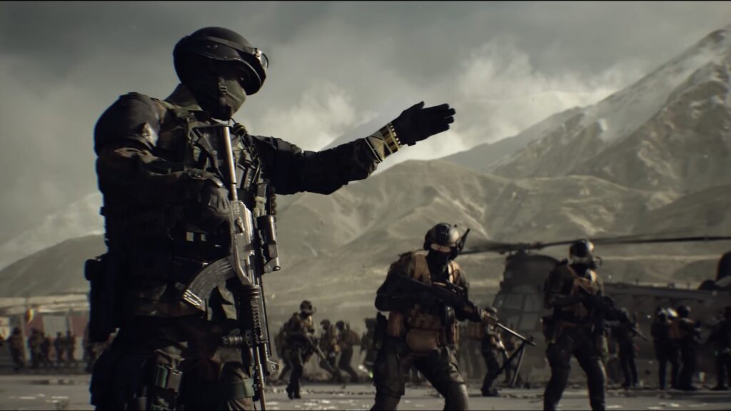Soldats armés et hélicoptères dans un environnement montagneux dans la bande-annonce de la campagne de Battlefield 6