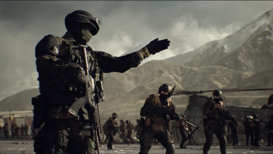Soldats armés et hélicoptères dans un environnement montagneux dans la bande-annonce de la campagne de Battlefield 6