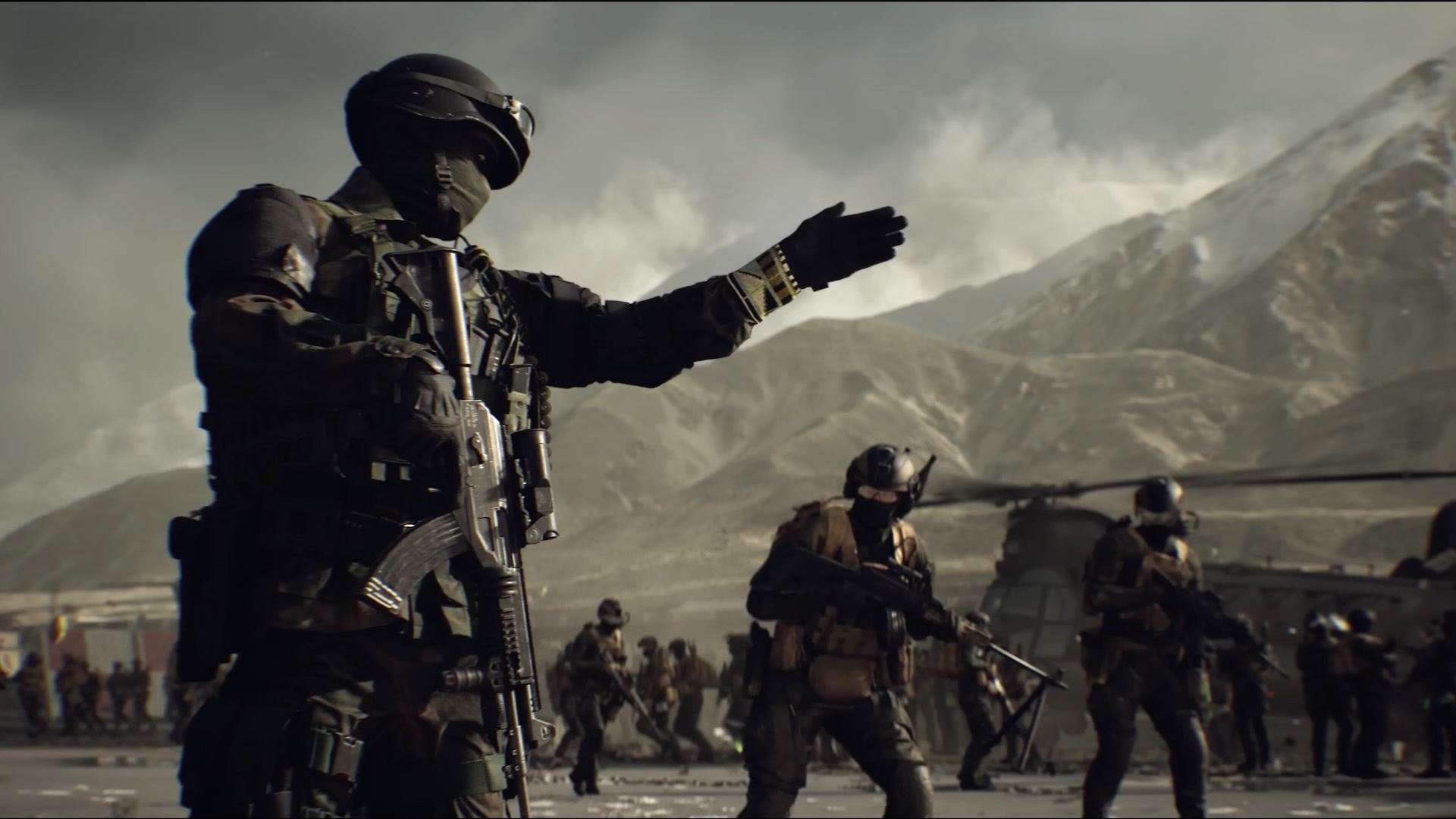 Soldats armés et hélicoptères dans un environnement montagneux dans la bande-annonce de la campagne de Battlefield 6