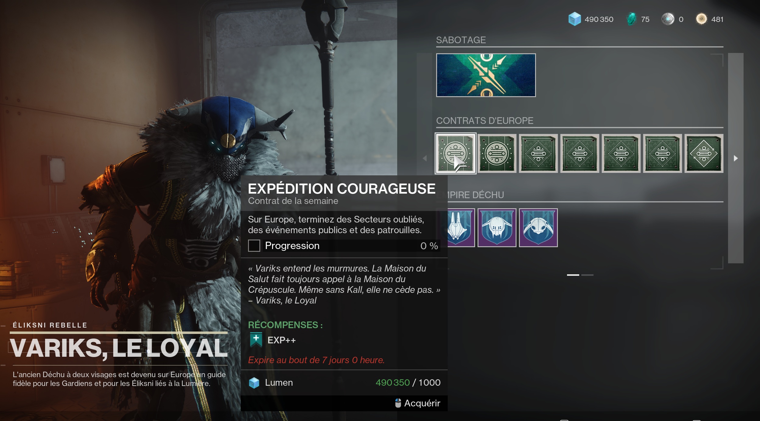 Contrats hebdomadaires de Variks sur Europe dans Destiny 2