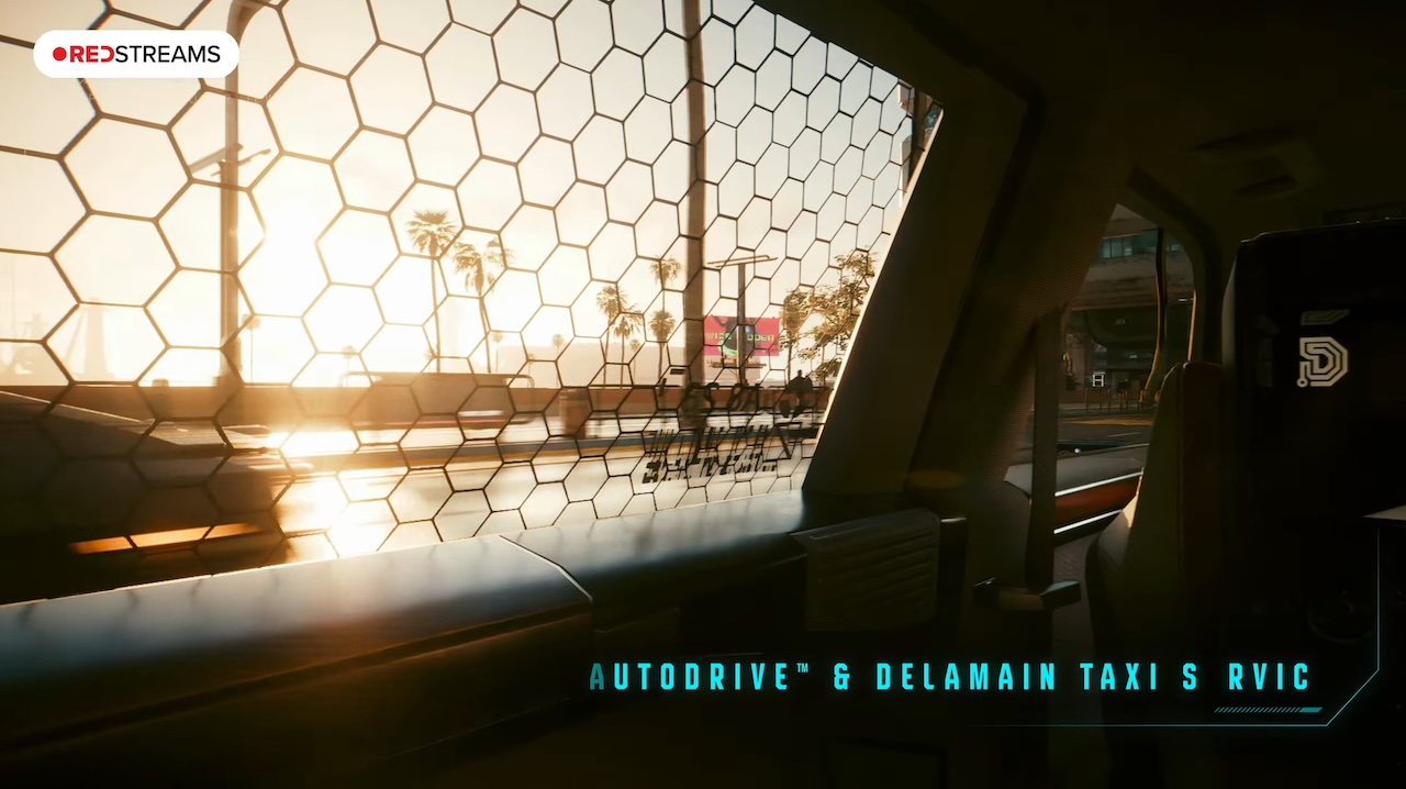 Vue depuis un taxi autonome Delamain dans Cyberpunk 2077 avec effet cinématique AutoDrive