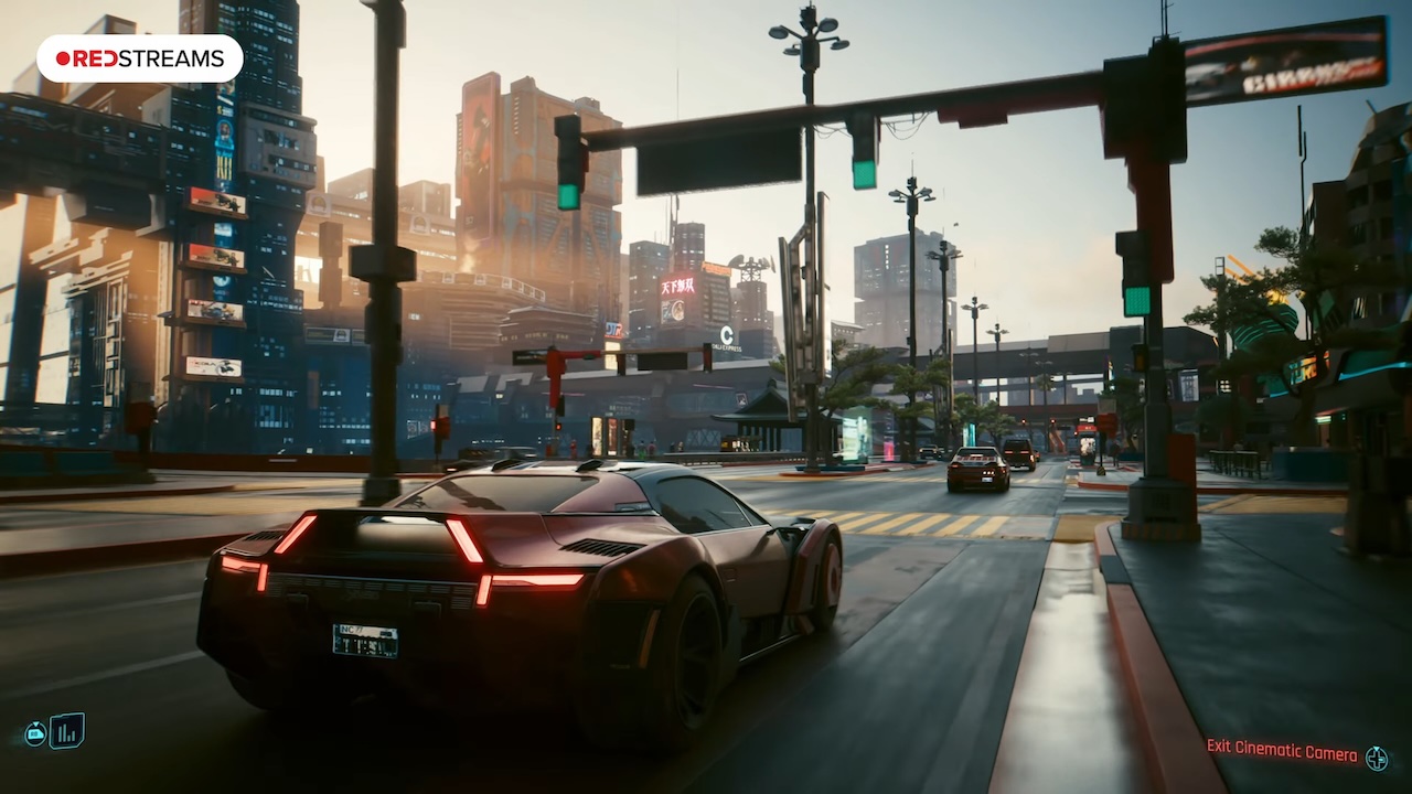 Voiture en mode AutoDrive dans les rues de Night City dans Cyberpunk 2077 mise à jour 2.3