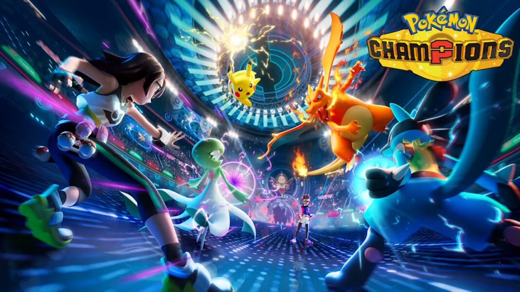 Artwork officiel de Pokémon Champions montrant un combat dynamique avec Pikachu, Dracaufeu, Lucario et Gardevoir dans une arène futuriste sur Switch et mobile
