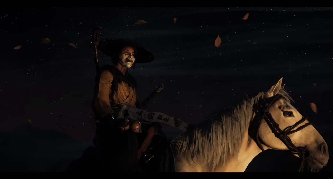 Atsu à cheval sous les étoiles dans Ghost of Yōtei, avec un maquillage d'esprit vengeur