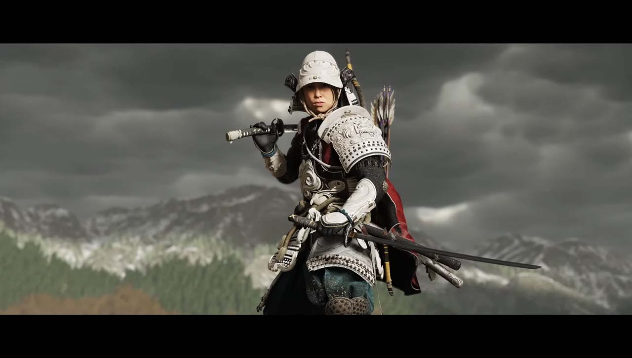 Guerrière en armure complète dans Ghost of Yōtei face aux montagnes d’Ezo