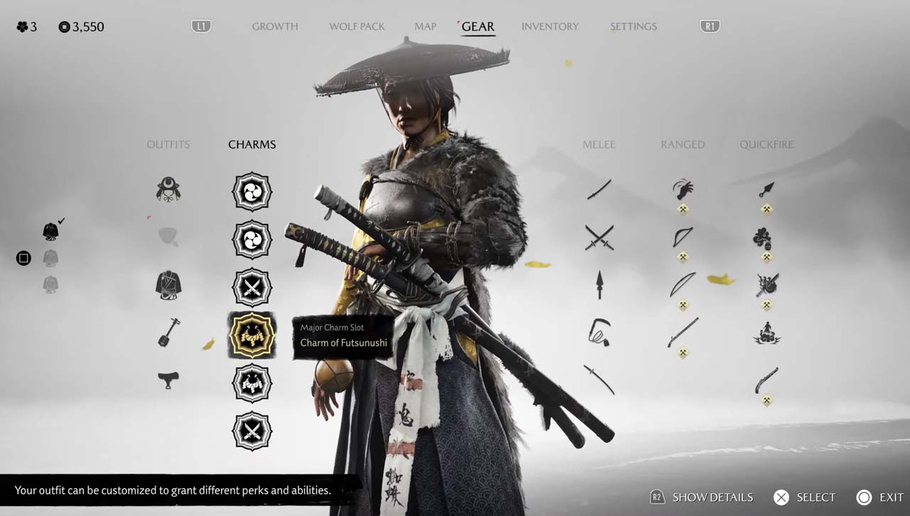 Interface de personnalisation d’Atsu dans Ghost of Yōtei avec équipements et charmes