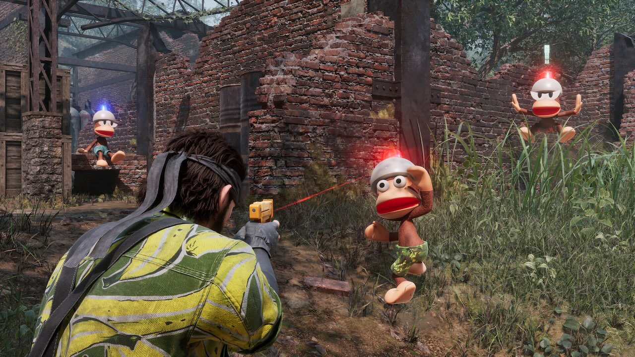  Mini-jeu Snake vs Monkey dans Metal Gear Solid Delta avec des singes armés et un Snake en chemise jaune