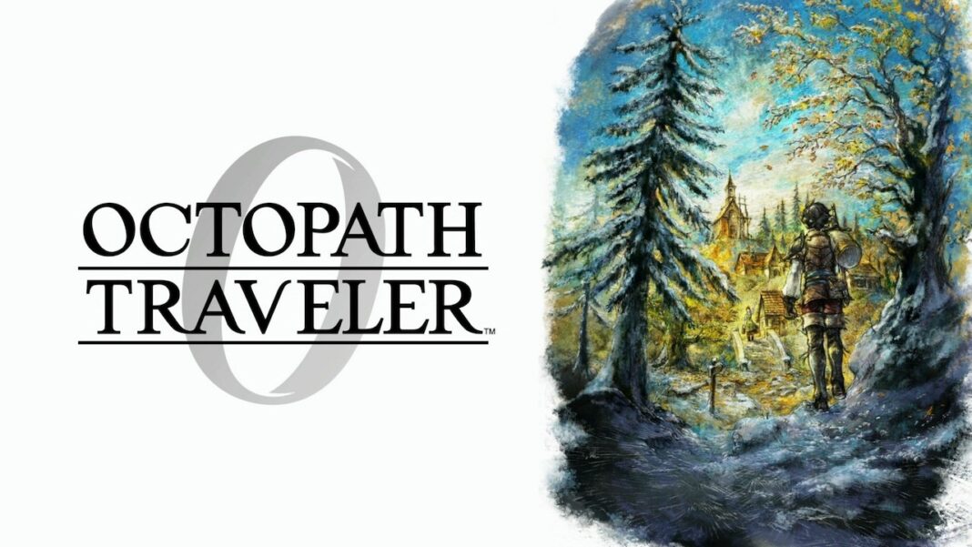 Illustration officielle de Octopath Traveler 0 avec logo et protagoniste face à un village sur Switch et Switch 2