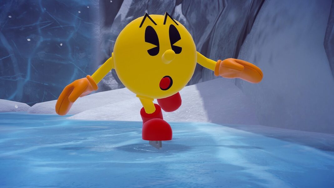 Pac-Man patinant sur la glace dans Pac-Man World 2 Re-Pac sur Nintendo Switch 2