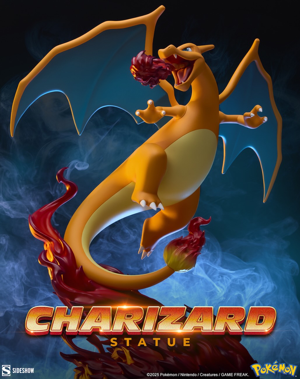  Statue Dracaufeu Pokémon de Sideshow avec effet de flammes sur fond noir et logo