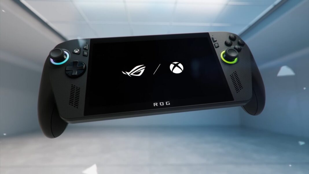 Modèle ROG Xbox Ally noir affichant les logos ASUS ROG et Xbox sur l’écran