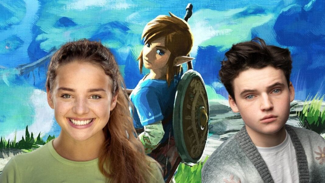 Portraits de Bo Bragason et Benjamin Evan Ainsworth devant un visuel de Link dans The Legend of Zelda