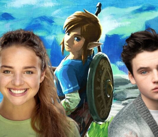 Nintendo révèle les visages de Link et Zelda dans le film live-action attendu en 2027 Portraits de Bo Bragason et Benjamin Evan Ainsworth devant un visuel de Link dans The Legend of Zelda