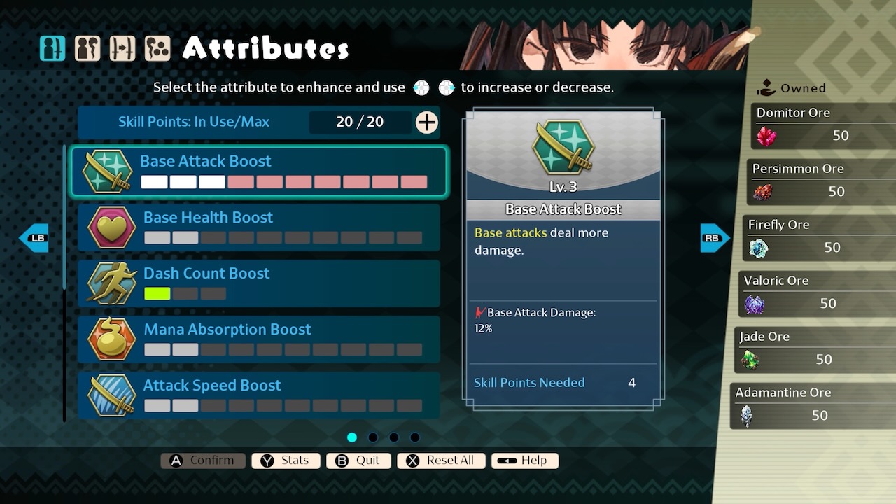 Interface de personnalisation des attributs dans Towa and the Guardians of the Sacred Tree