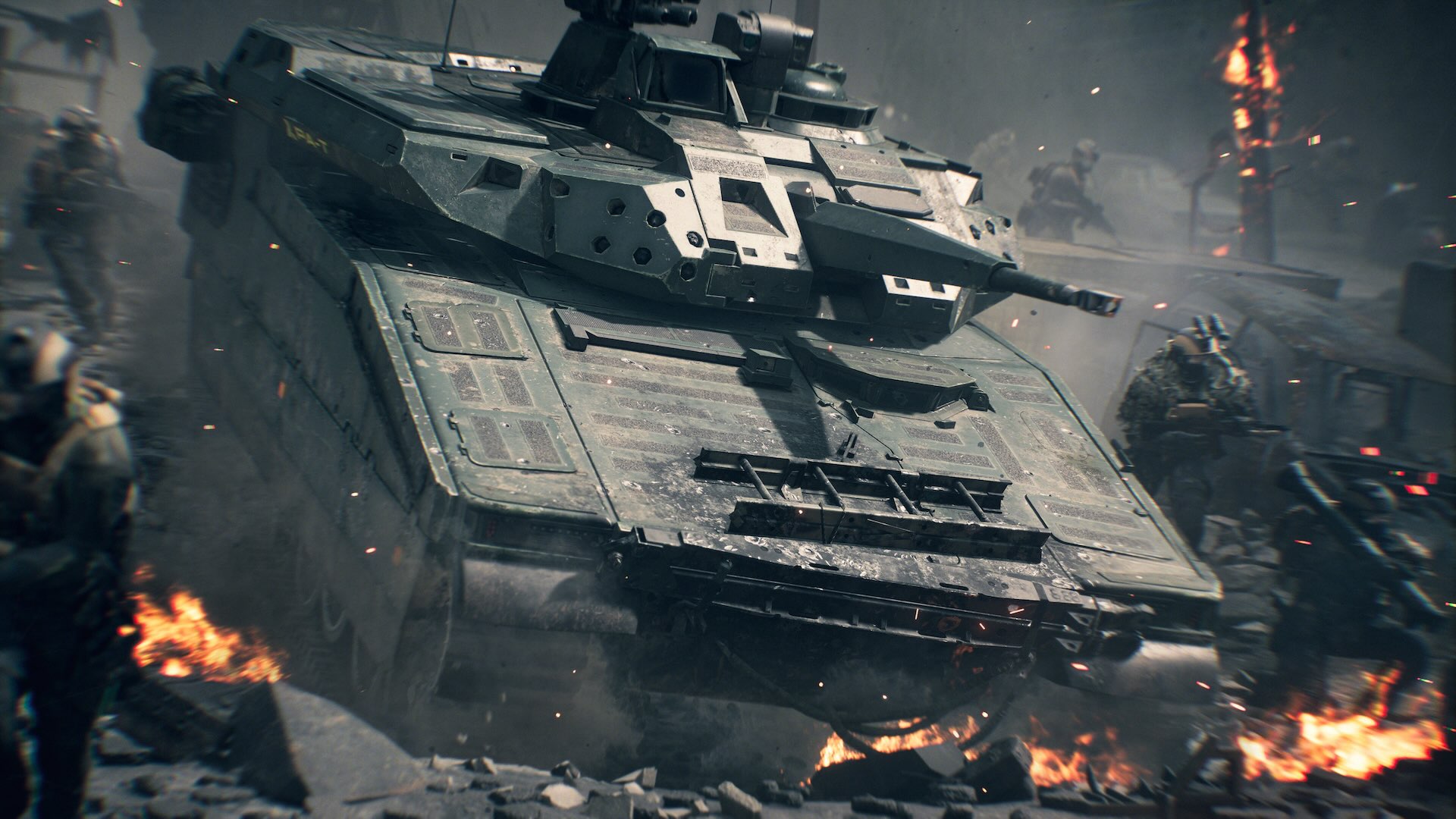 Char d'assaut en pleine action dans Battlefield 6 sur une carte urbaine en feu