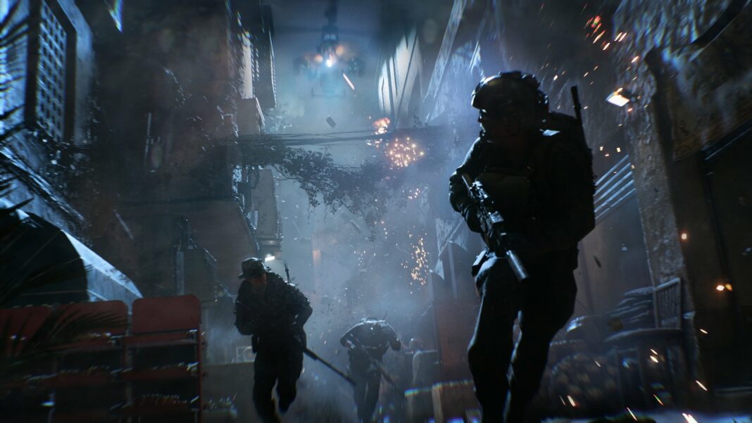 Escouade en combat rapproché de nuit dans une ruelle étroite de Battlefield 6