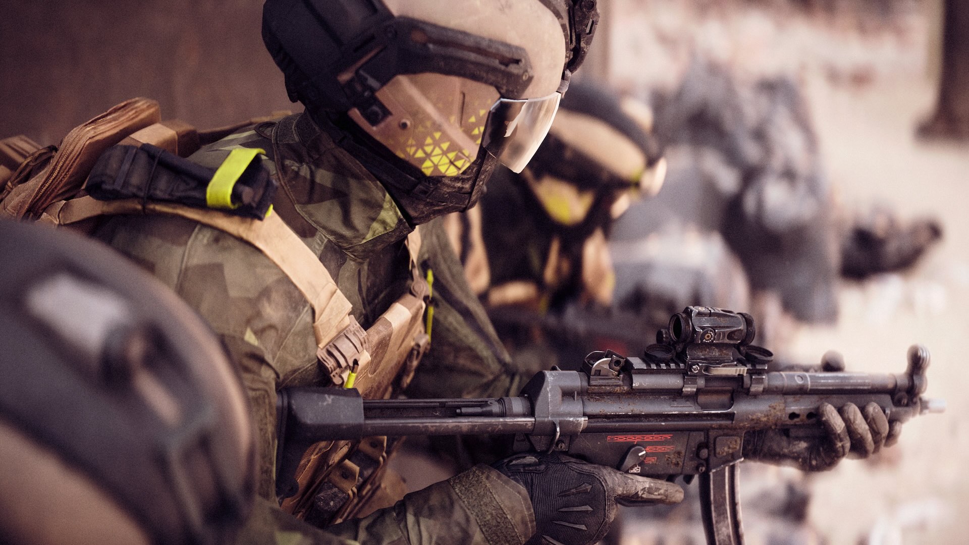 Zoom sur un soldat équipé d'une mitraillette MP5 dans Battlefield 6