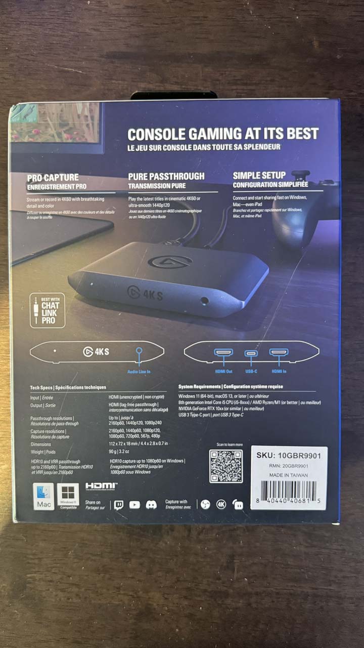 Dos du packaging du Elgato 4K S
