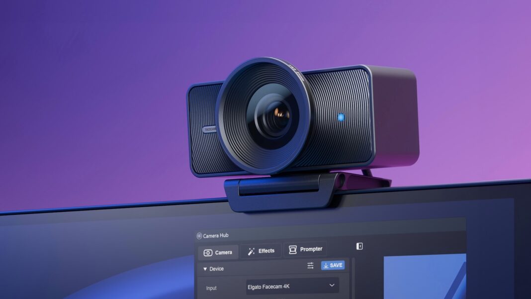 Webcam Elgato Facecam 4K fixée sur un écran avec interface Camera Hub ouverte