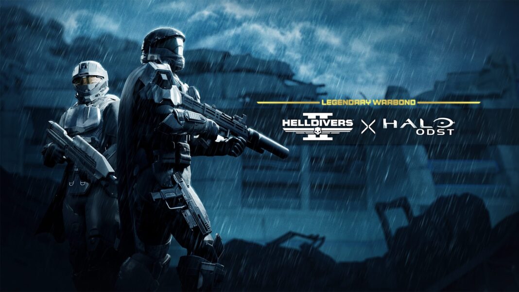 Deux soldats en armure ODST dans Helldivers 2 sous la pluie – crossover Halo sur PS5 et Xbox