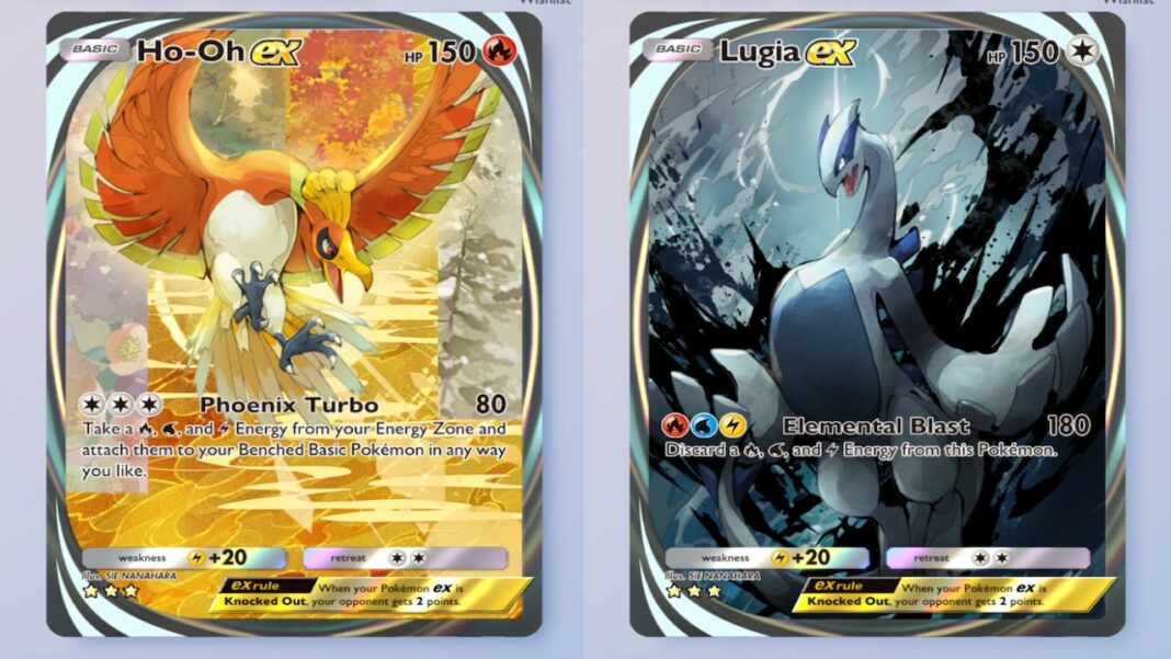 Cartes Pokémon TCG Pocket Ho-Oh EX et Lugia EX de l’extension Wisdom of Sea and Sky avec leurs nouveaux artworks