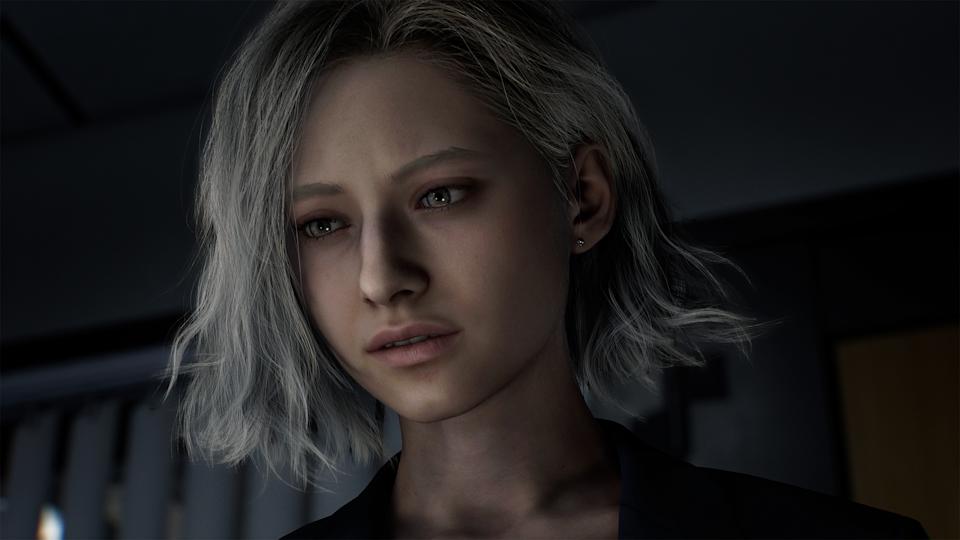 Gros plan sur Grace Ashcroft, héroïne de Resident Evil Requiem, affichant une expression inquiète sous l’éclairage tamisé du RE Engine
