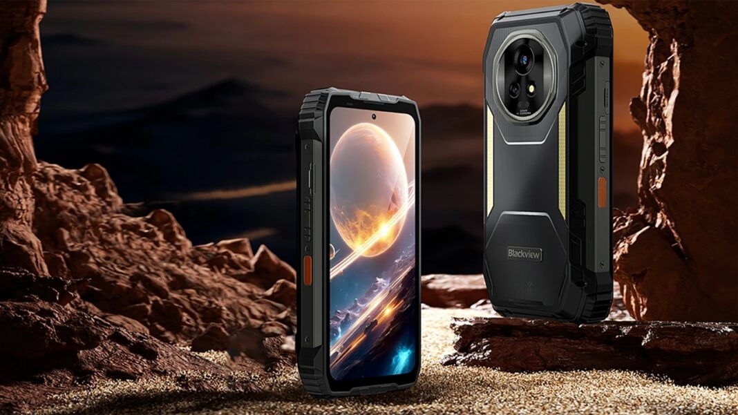 Smartphone Blackview Xplore 2 posé sur un décor de canyon, écran allumé et vue arrière renforcée