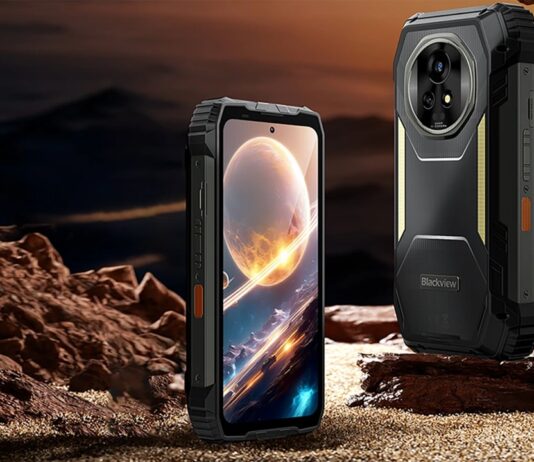 TEST – Blackview XPLORE 2, un smartphone ultra-endurant Smartphone Blackview Xplore 2 posé sur un décor de canyon, écran allumé et vue arrière renforcée