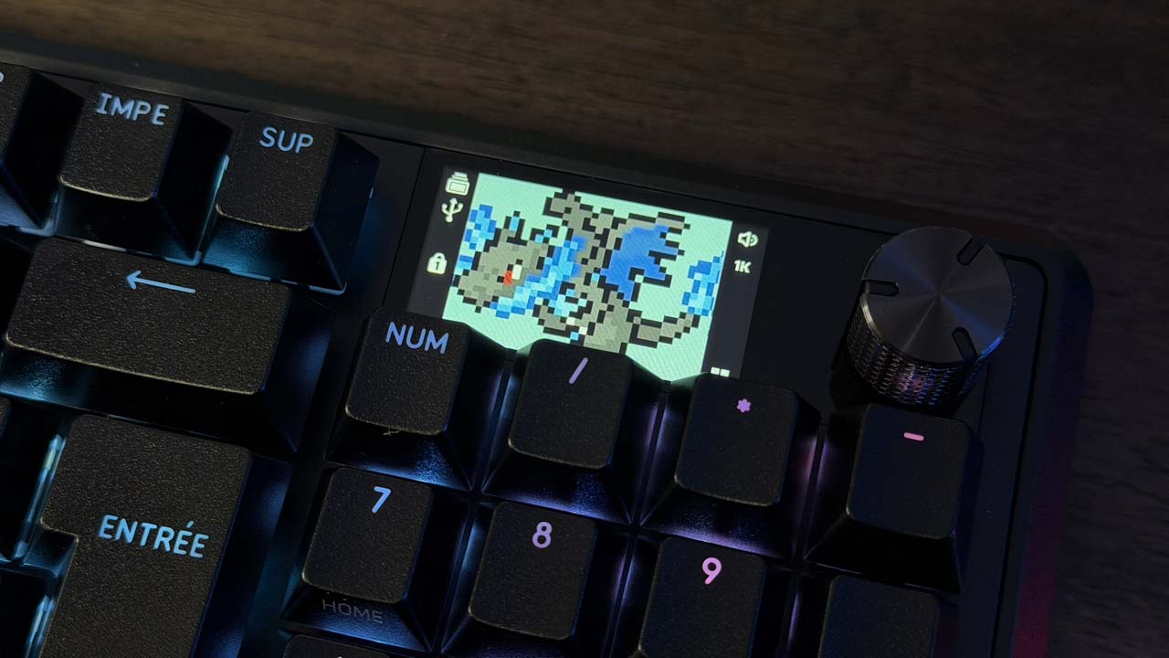 L'écran LCD personnalisable du Corsair Vanguard Pro 96 avec un Mega Dracaufeu en décoration.