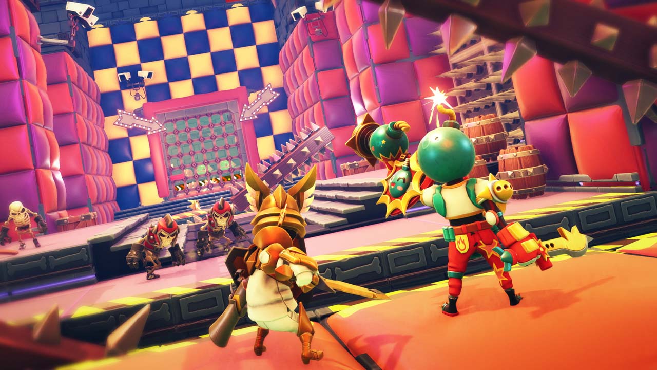 King of Meat gameplay coopératif dans une arène colorée remplie de pièges et d’ennemis